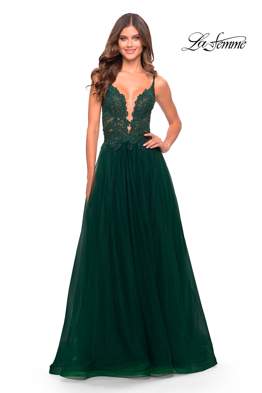 La Femme 31507 prom dress images. La Femme 31507 is available in these colors: Dark Emerald, Dusty Mauve, Red.