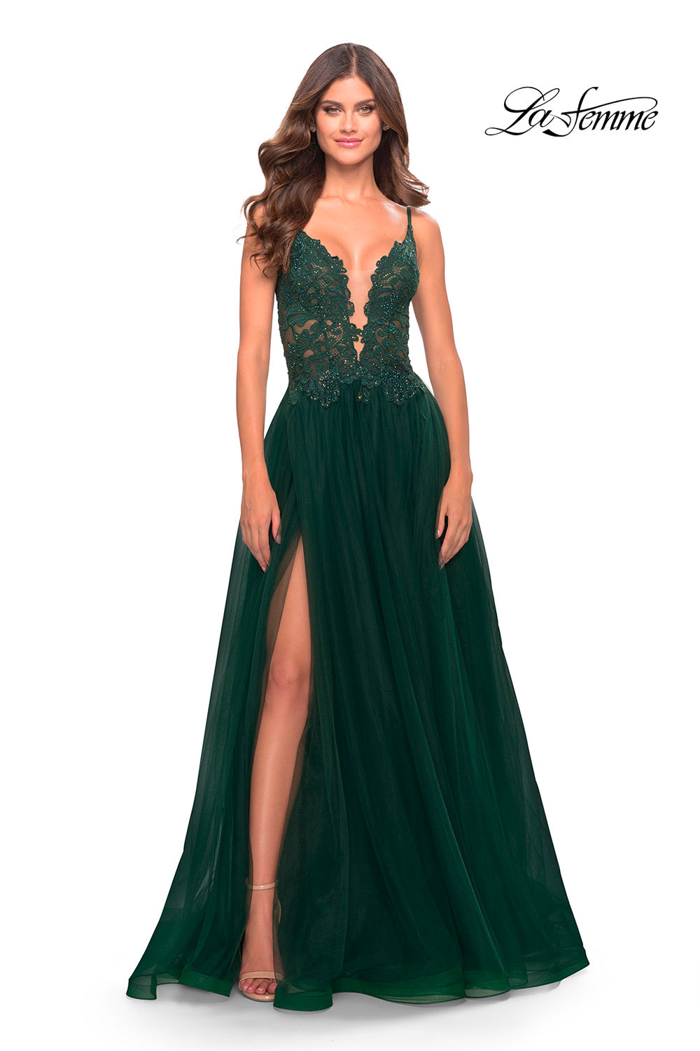 La Femme 31507 prom dress images. La Femme 31507 is available in these colors: Dark Emerald, Dusty Mauve, Red.