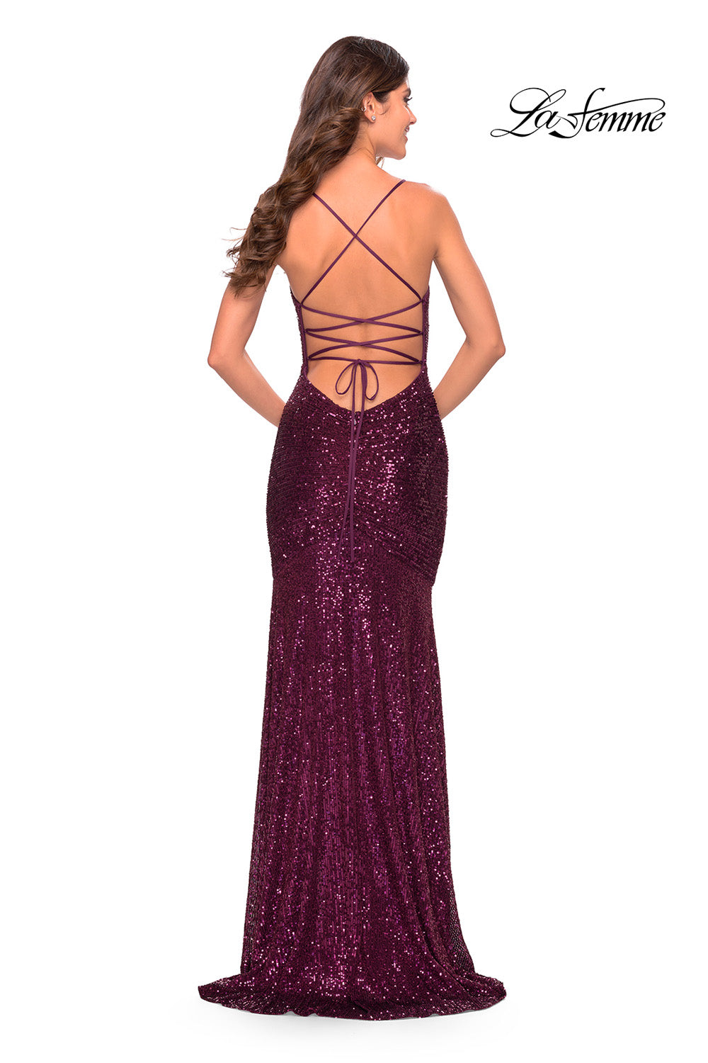 La Femme 31508 prom dress images. La Femme 31508 is available in these colors: Dark Berry, Dark Emerald, Red, Royal Blue.