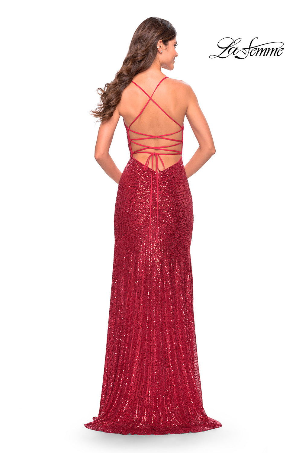 La Femme 31508 prom dress images. La Femme 31508 is available in these colors: Dark Berry, Dark Emerald, Red, Royal Blue.