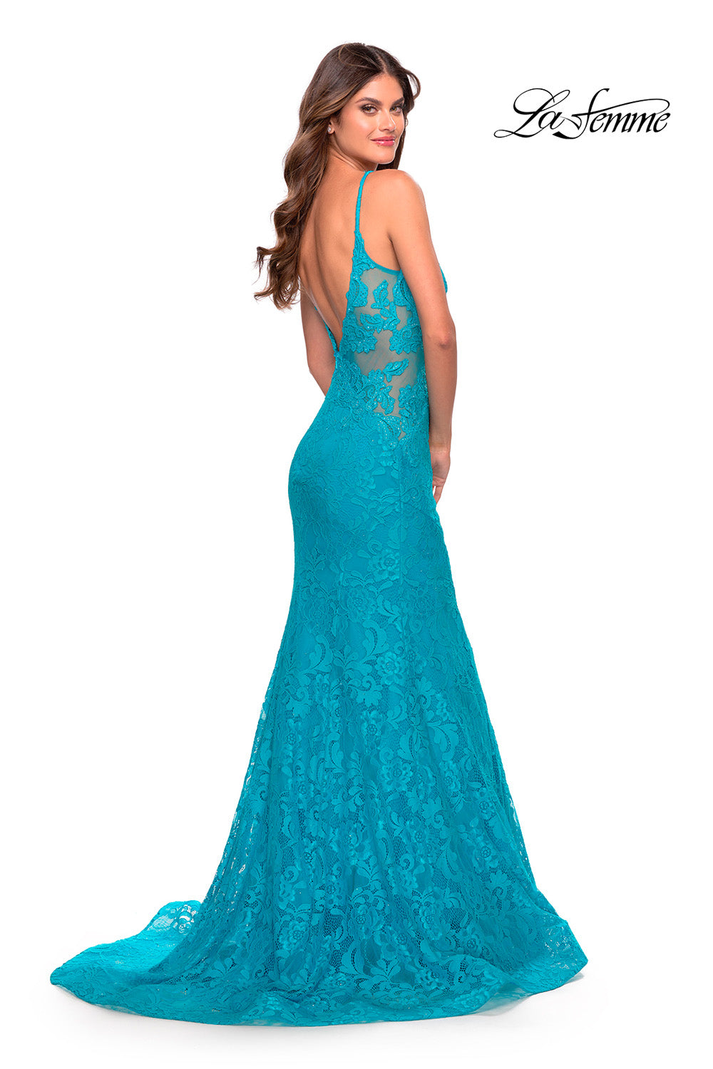 La Femme 31512 prom dress images. La Femme 31512 is available in these colors: Aqua, Hot Coral, Purple, Sage.