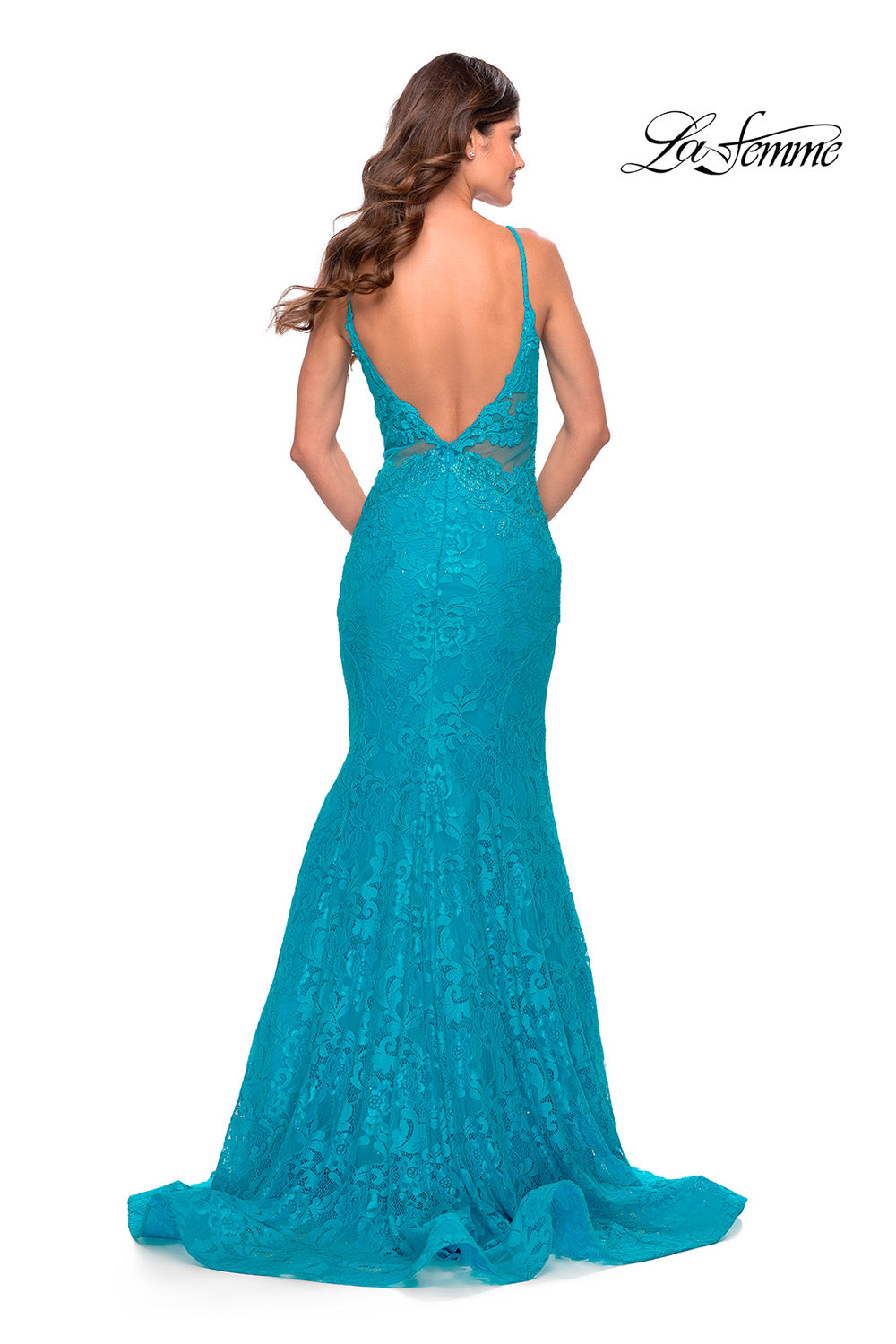 La Femme 31512 prom dress images. La Femme 31512 is available in these colors: Aqua, Hot Coral, Purple, Sage.
