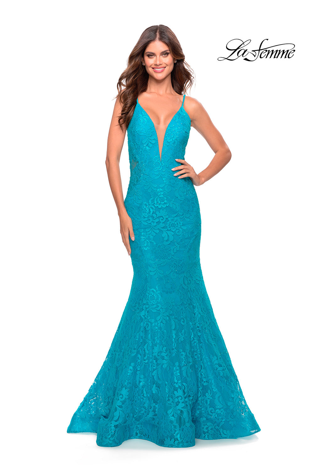 La Femme 31512 prom dress images. La Femme 31512 is available in these colors: Aqua, Hot Coral, Purple, Sage.