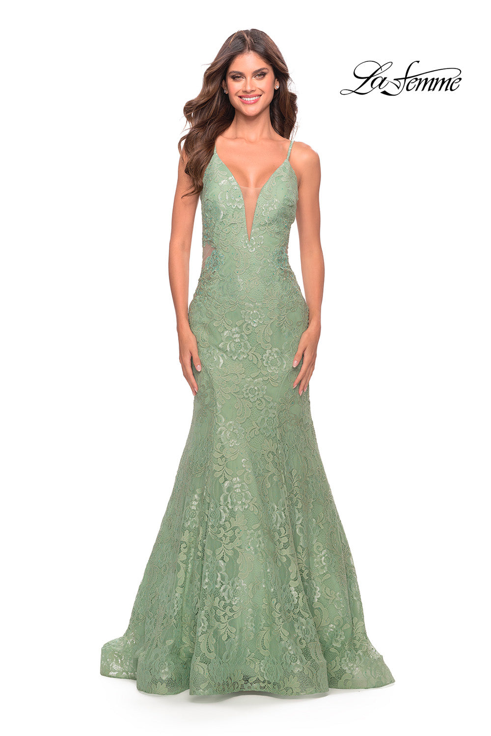 La Femme 31512 prom dress images. La Femme 31512 is available in these colors: Aqua, Hot Coral, Purple, Sage.