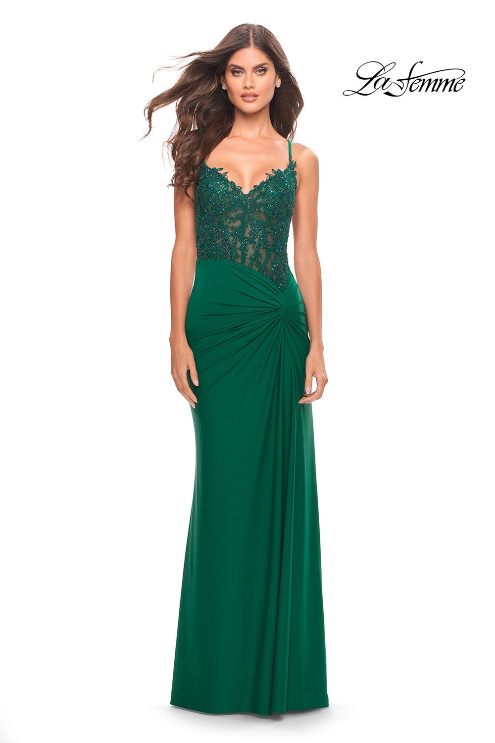 La Femme 31520 prom dress images. La Femme 31520 is available in these colors: Dark Berry, Emerald, Royal Blue.