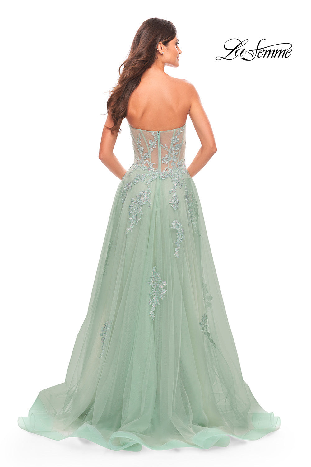 La Femme 31577 prom dress images. La Femme 31577 is available in these colors: Sage.
