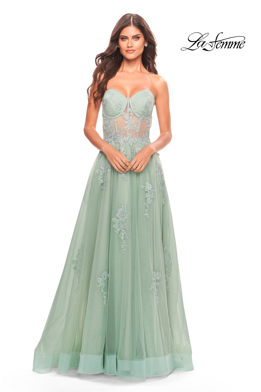 La Femme 31577 prom dress images. La Femme 31577 is available in these colors: Sage.