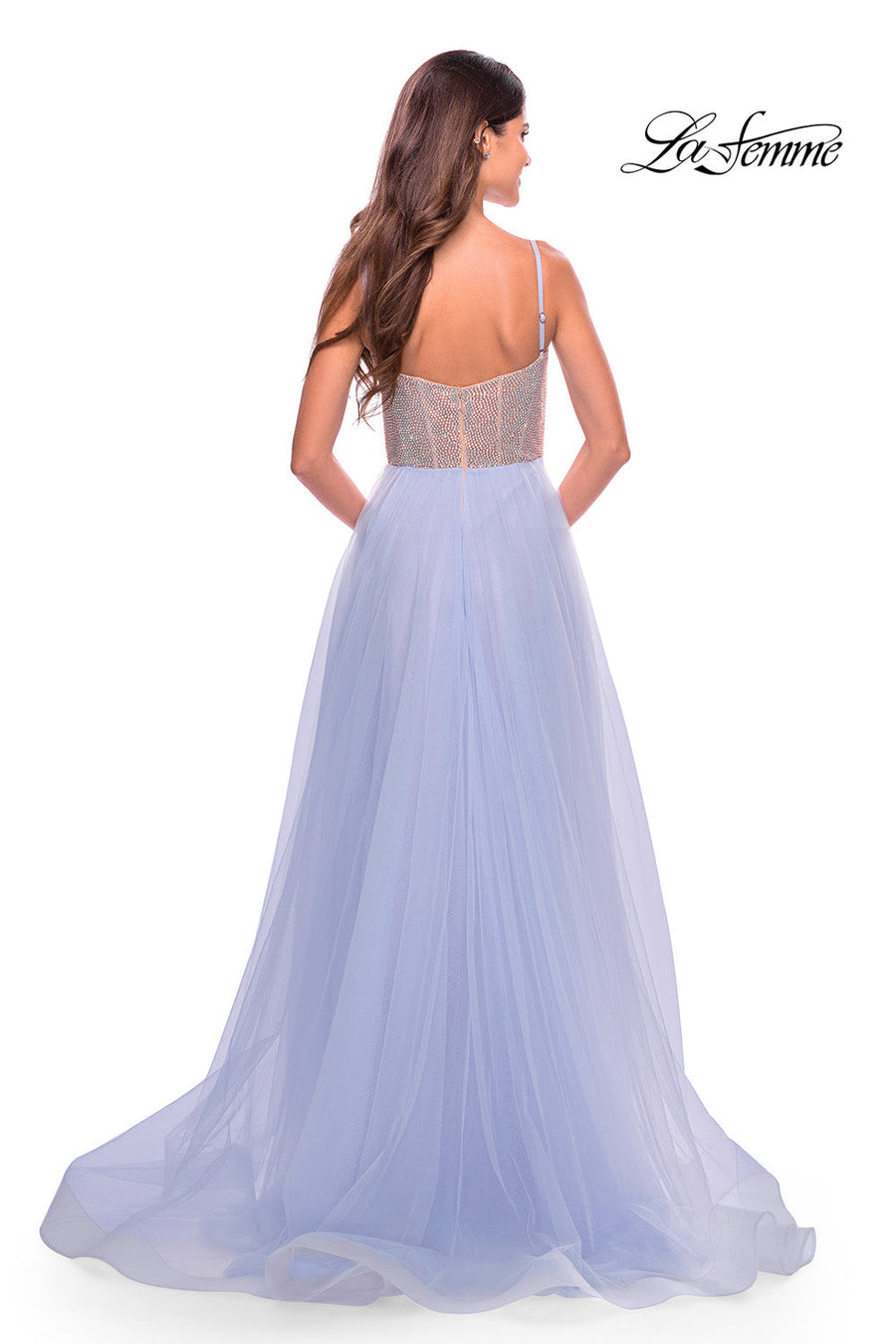 La Femme 31578 prom dress images.  La Femme 31578 is available in these colors: Hot Coral, Light Periwinkle, Pale Yellow.