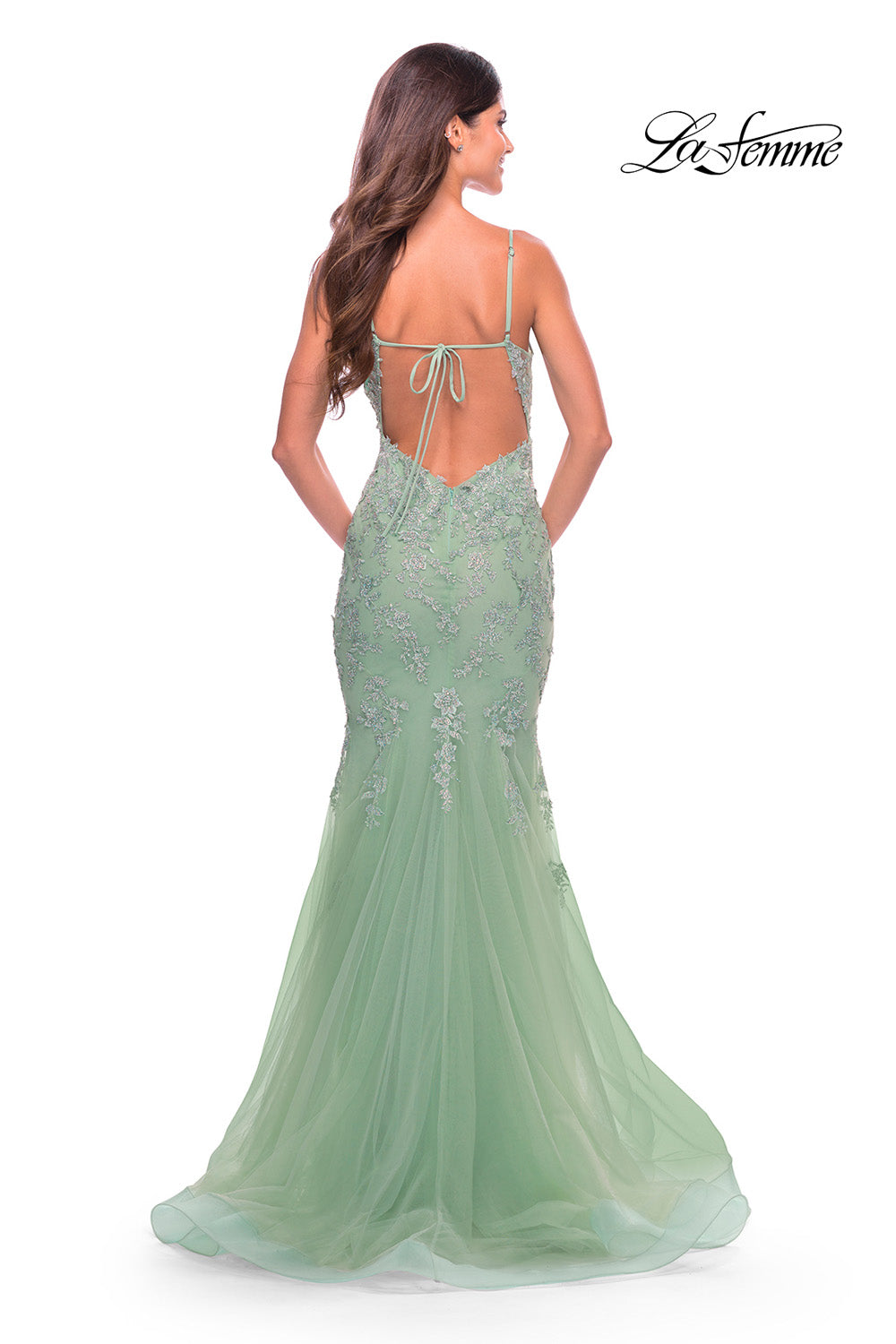 La Femme 31579 prom dress images. La Femme 31579 is available in these colors: Cloud Blue, Sage.