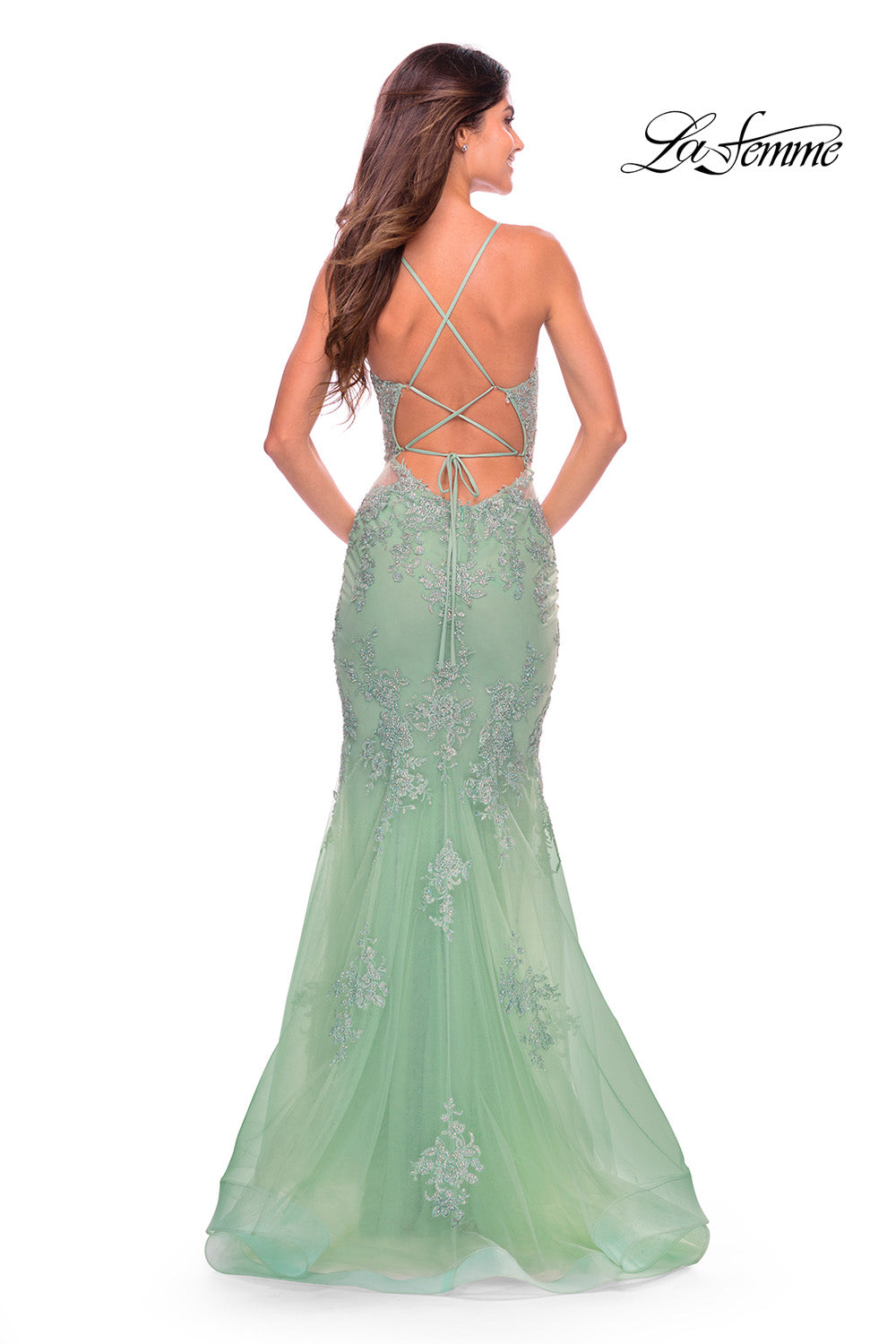 La Femme 31598 prom dress images. La Femme 31598 is available in these colors: Dark Berry, Sage.
