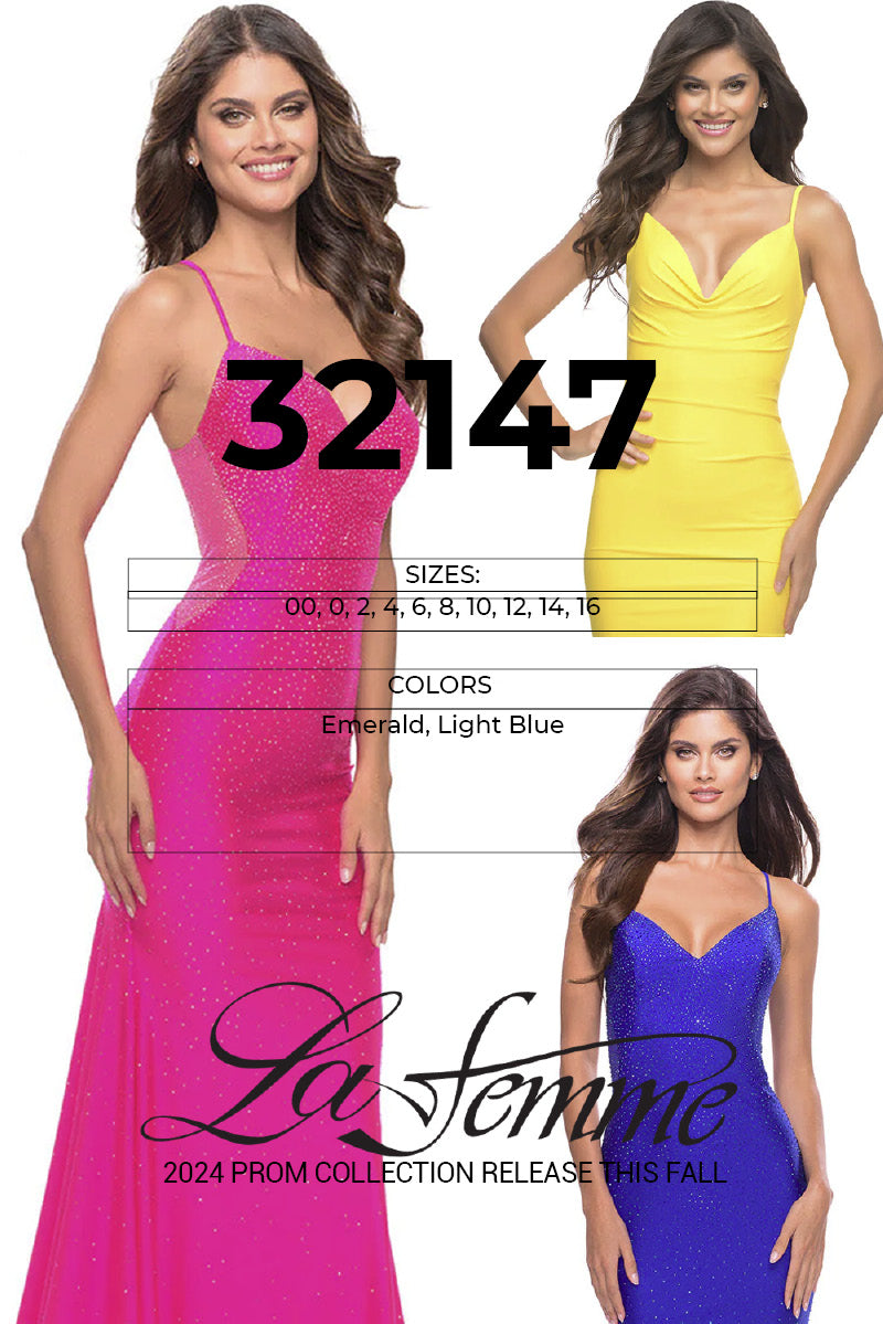 La Femme 32147 prom dress images. La Femme 32147 is available in these colors: Emerald, Light Blue.