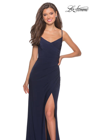 La Femme 28079 prom dress images.  La Femme 28079 is available in these colors: Black, Deep Red, Navy.