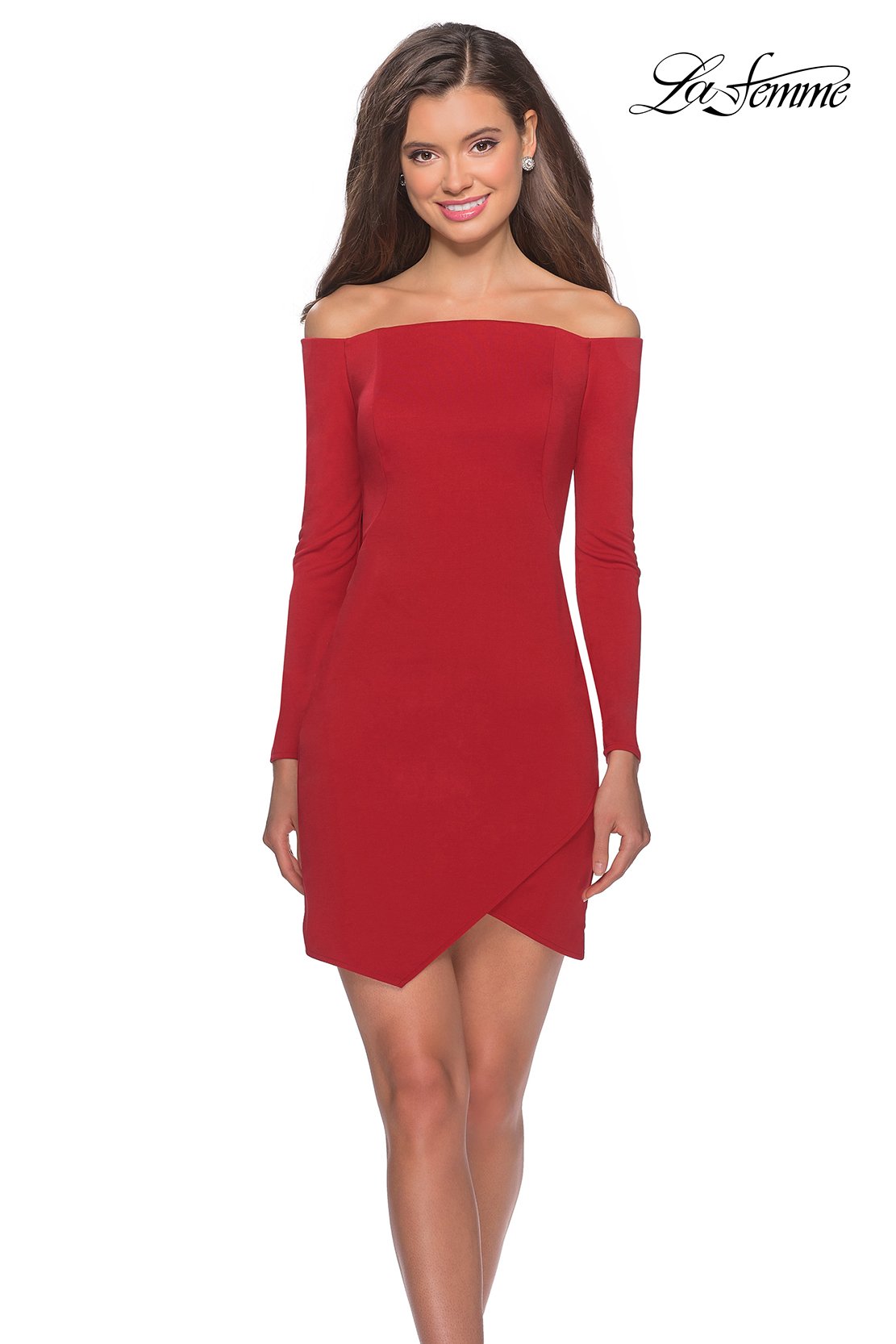 La Femme 28182 prom dress images. La Femme 28182 is available in these colors: Black, Red.