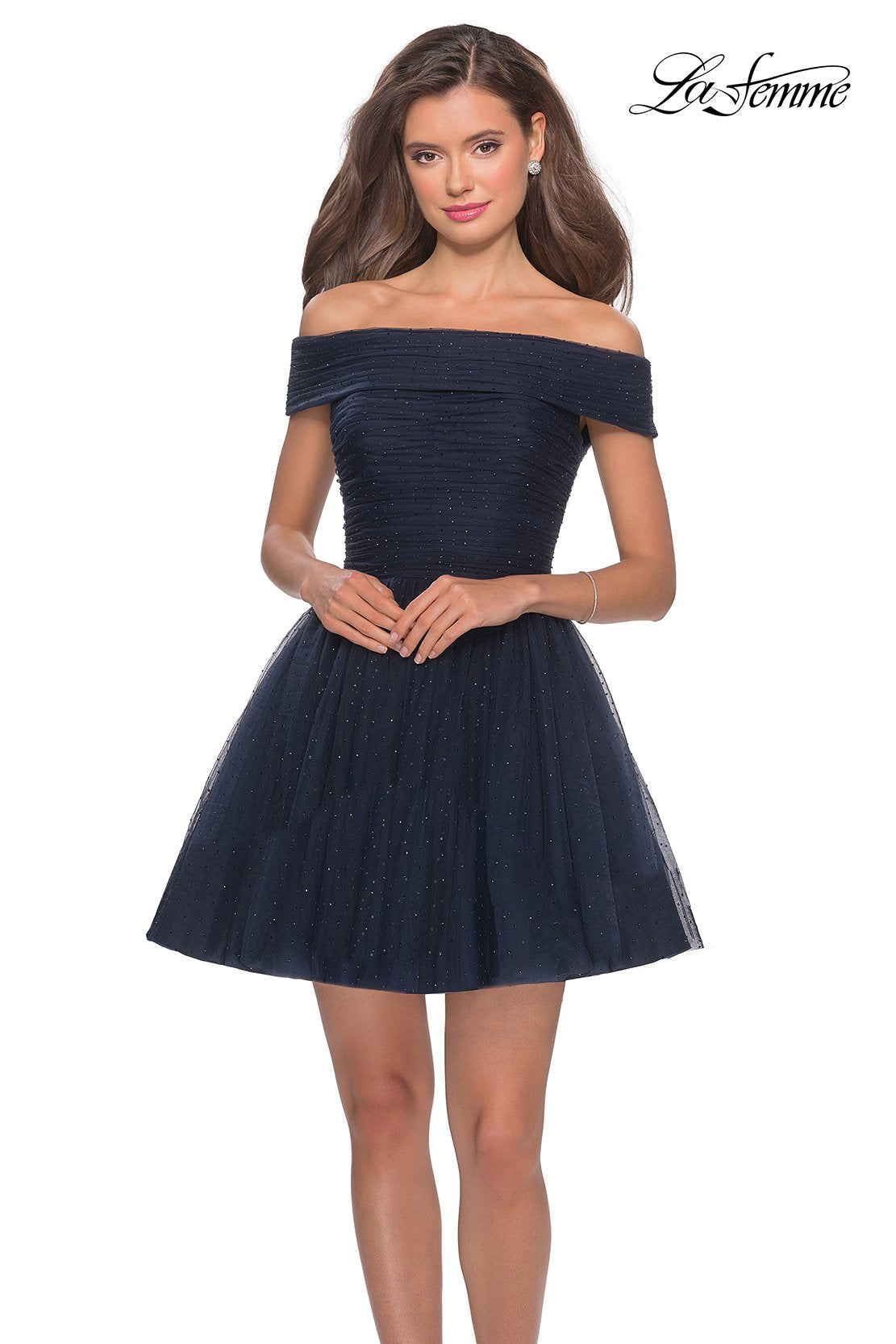 La Femme 28234 prom dress images. La Femme 28234 is available in these colors: Navy.