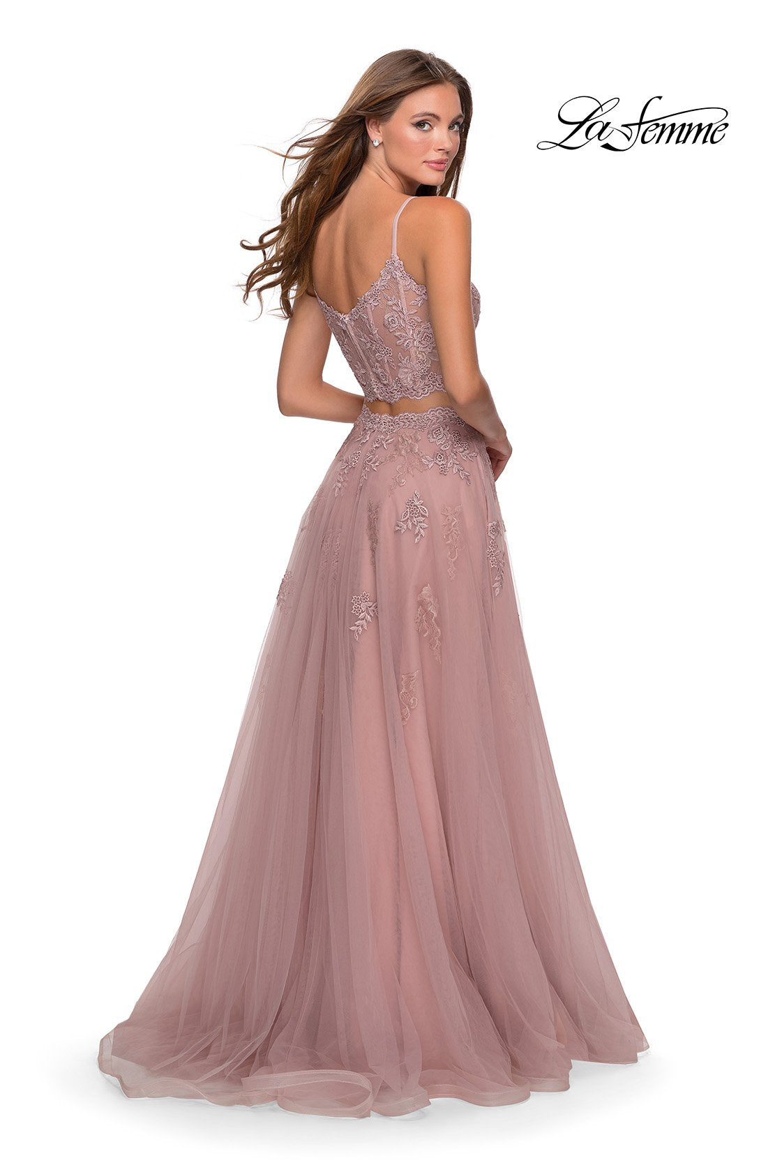 La Femme 28271 prom dress images. La Femme 28271 is available in these colors: Cloud Blue, Mauve, Pale Yellow, White Nude.