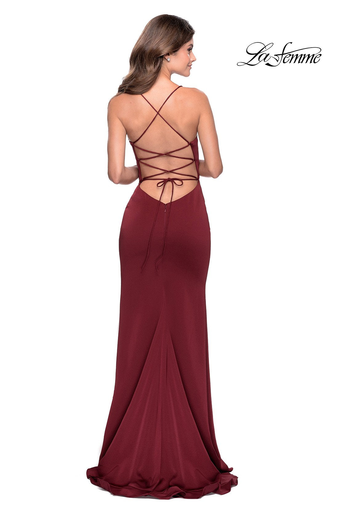 La Femme 28294 prom dress images. La Femme 28294 is available in these colors: Black, Emerald, Mauve, Pale Yellow, Red, Royal Blue, Royal Purple, White, Wine.