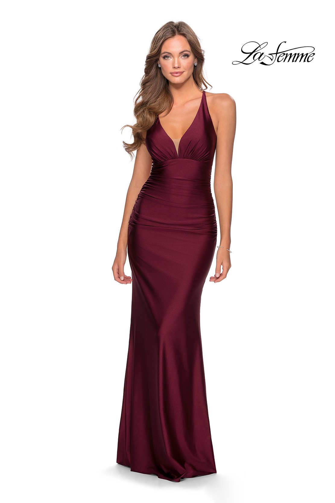 La Femme 28297 prom dress images. La Femme 28297 is available in these colors: Black, Dark Berry, Neon Pink, Royal Blue, Yellow.