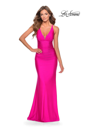 La Femme 28297 prom dress images.  La Femme 28297 is available in these colors: Black, Dark Berry, Neon Pink, Royal Blue, Yellow.