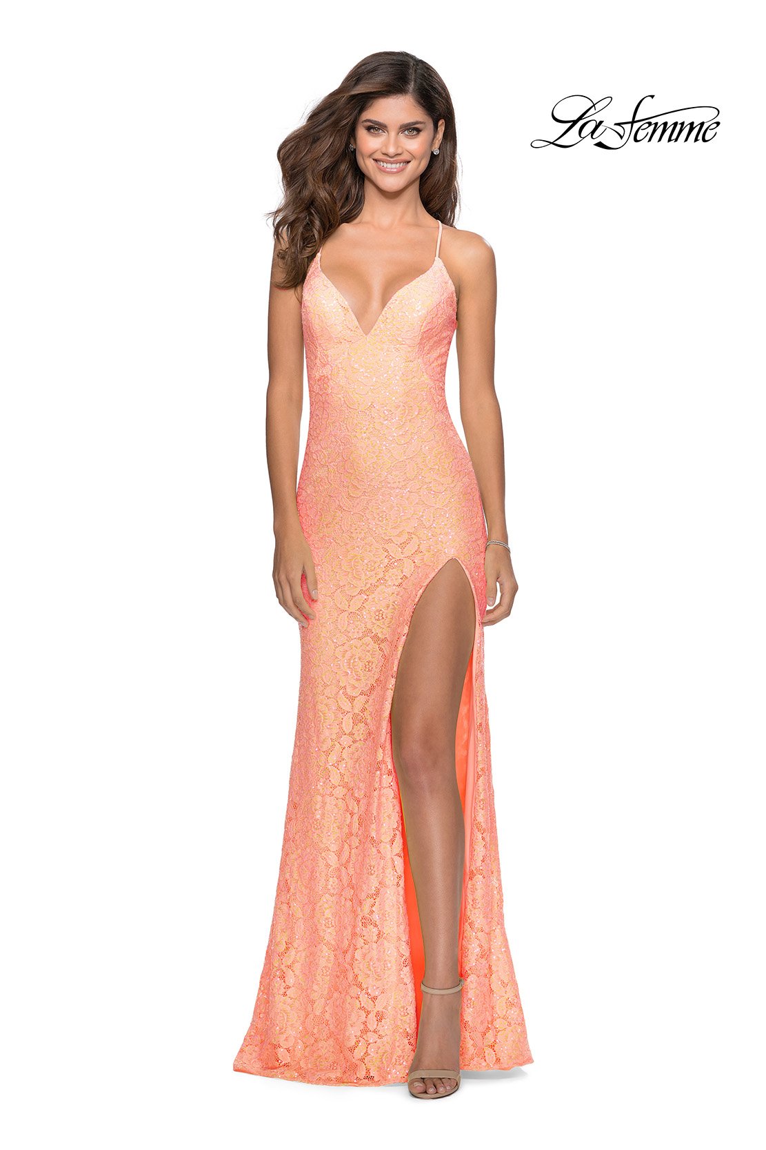La Femme 28359 prom dress images. La Femme 28359 is available in these colors: Cloud Blue, Mint, Pale Yellow, Peach.