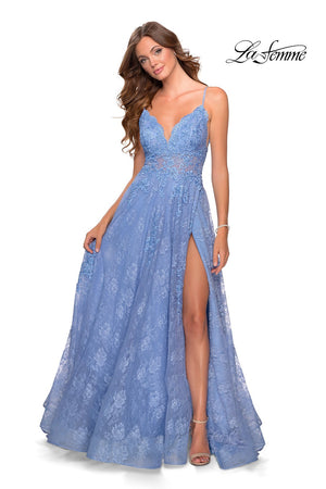 La Femme 28386 prom dress images.  La Femme 28386 is available in these colors: Cloud Blue, Dusty Lilac, Red.