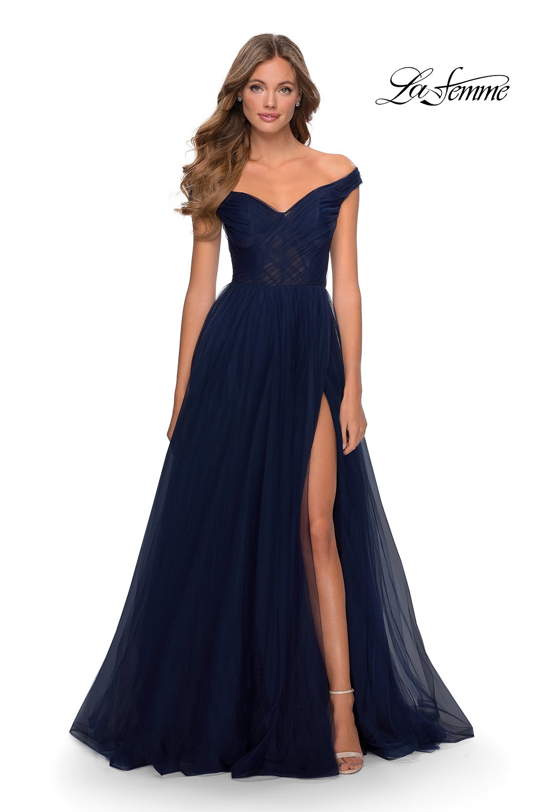 La Femme 28462 prom dress images. La Femme 28462 is available in these colors: Dark Berry, Dark Emerald, Navy.