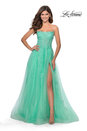 La Femme 28470 prom dress images.  La Femme 28470 is available in these colors: Dusty Mauve, Millennial Pink, Mint, Silver, Yellow.