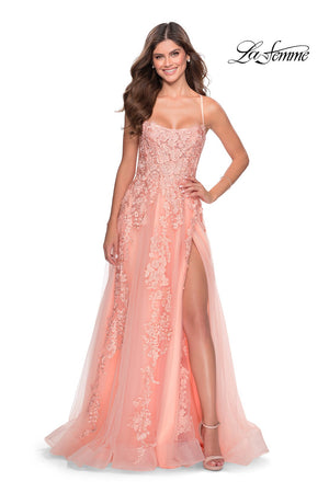 La Femme 28503 prom dress images.  La Femme 28503 is available in these colors: Peach, Red.