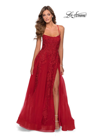 La Femme 28503 prom dress images.  La Femme 28503 is available in these colors: Peach, Red.