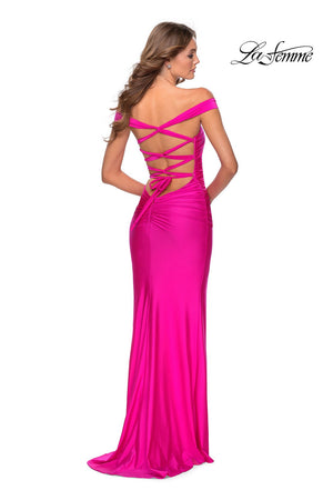 La Femme 28506 prom dress images.  La Femme 28506 is available in these colors: Black, Dark Berry, Hot Pink, Mauve, Royal Blue, Yellow.