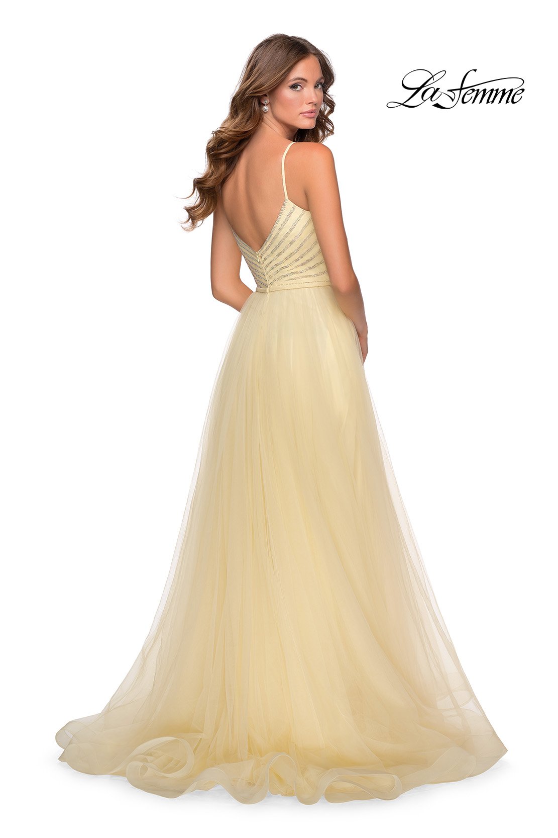 La Femme 28511 prom dress images. La Femme 28511 is available in these colors: Blush, Charcoal, Dark Purple, Navy, Pale Yellow.