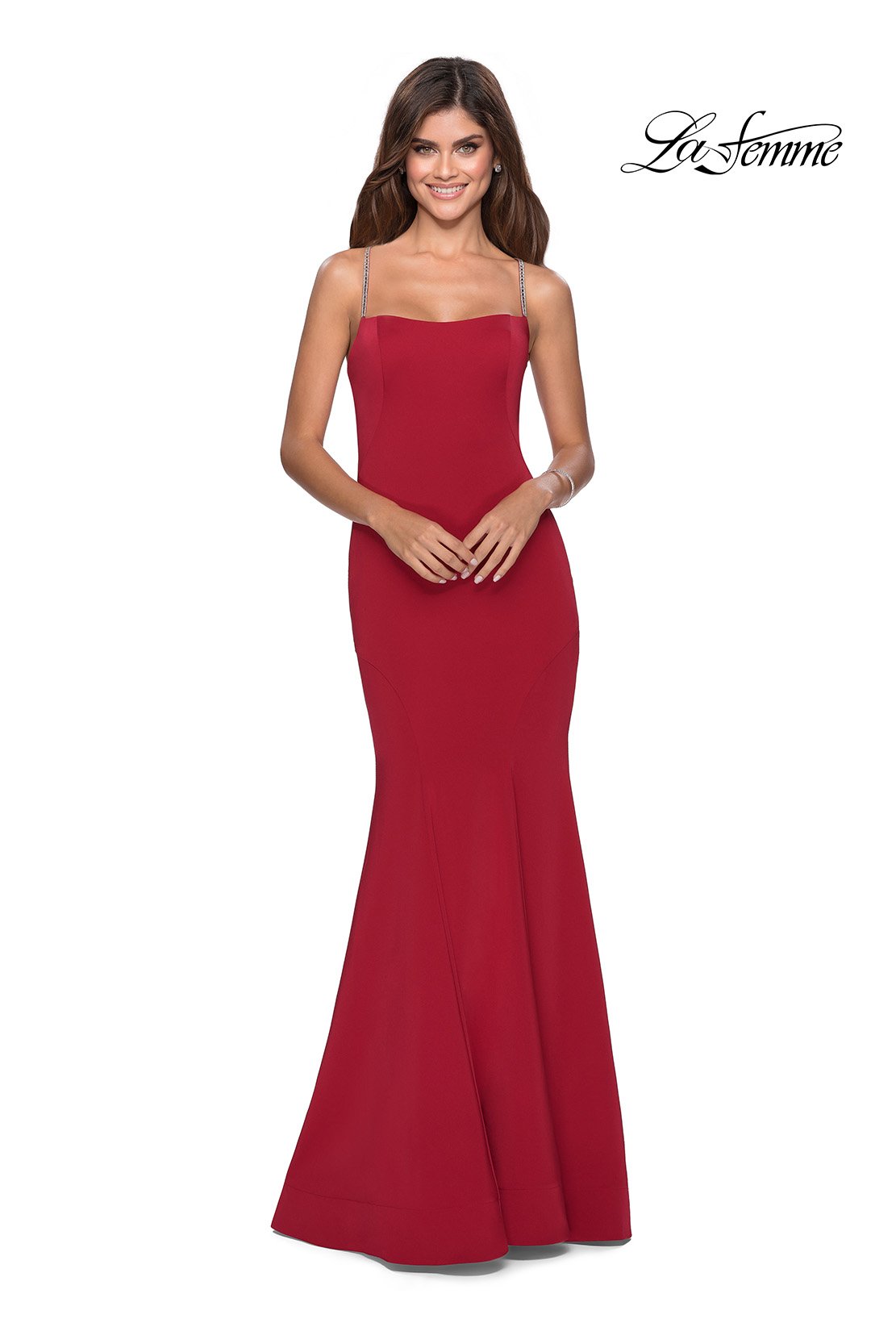 La Femme 28526 prom dress images. La Femme 28526 is available in these colors: Black, Deep Red, Electric Blue, Peach.
