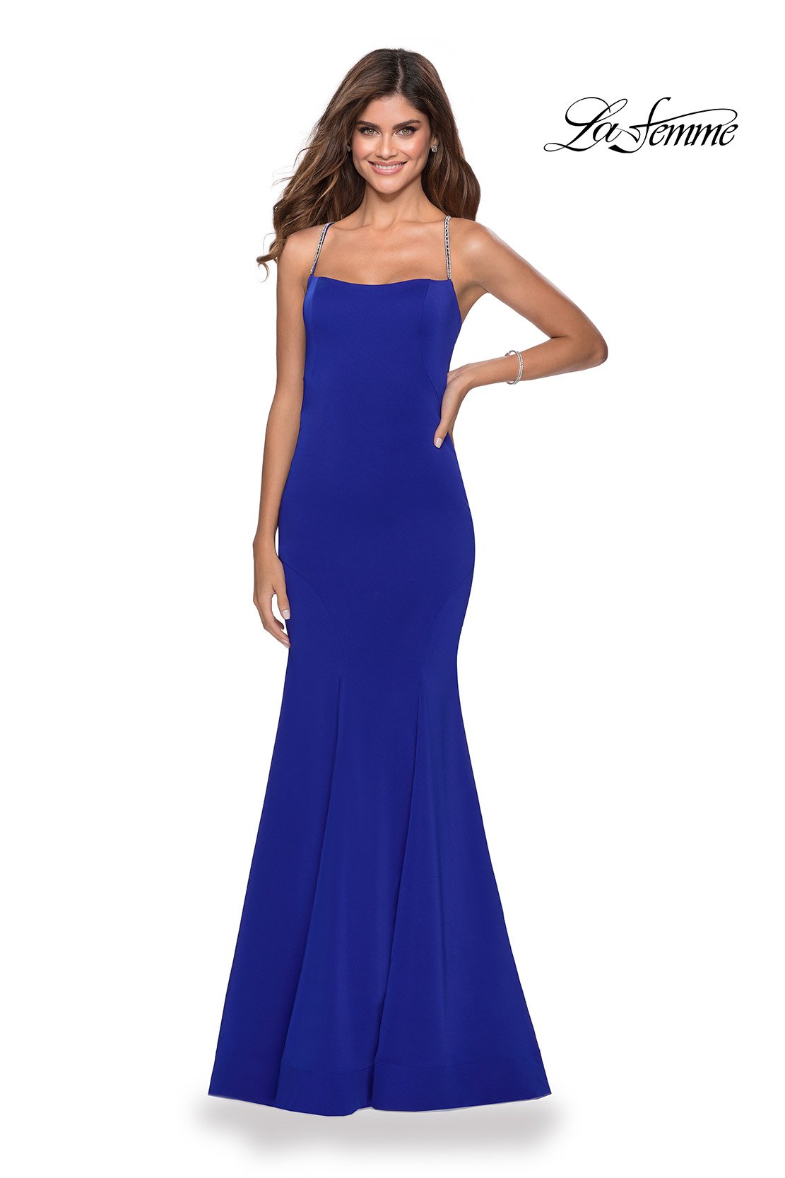 La Femme 28526 prom dress images. La Femme 28526 is available in these colors: Black, Deep Red, Electric Blue, Peach.