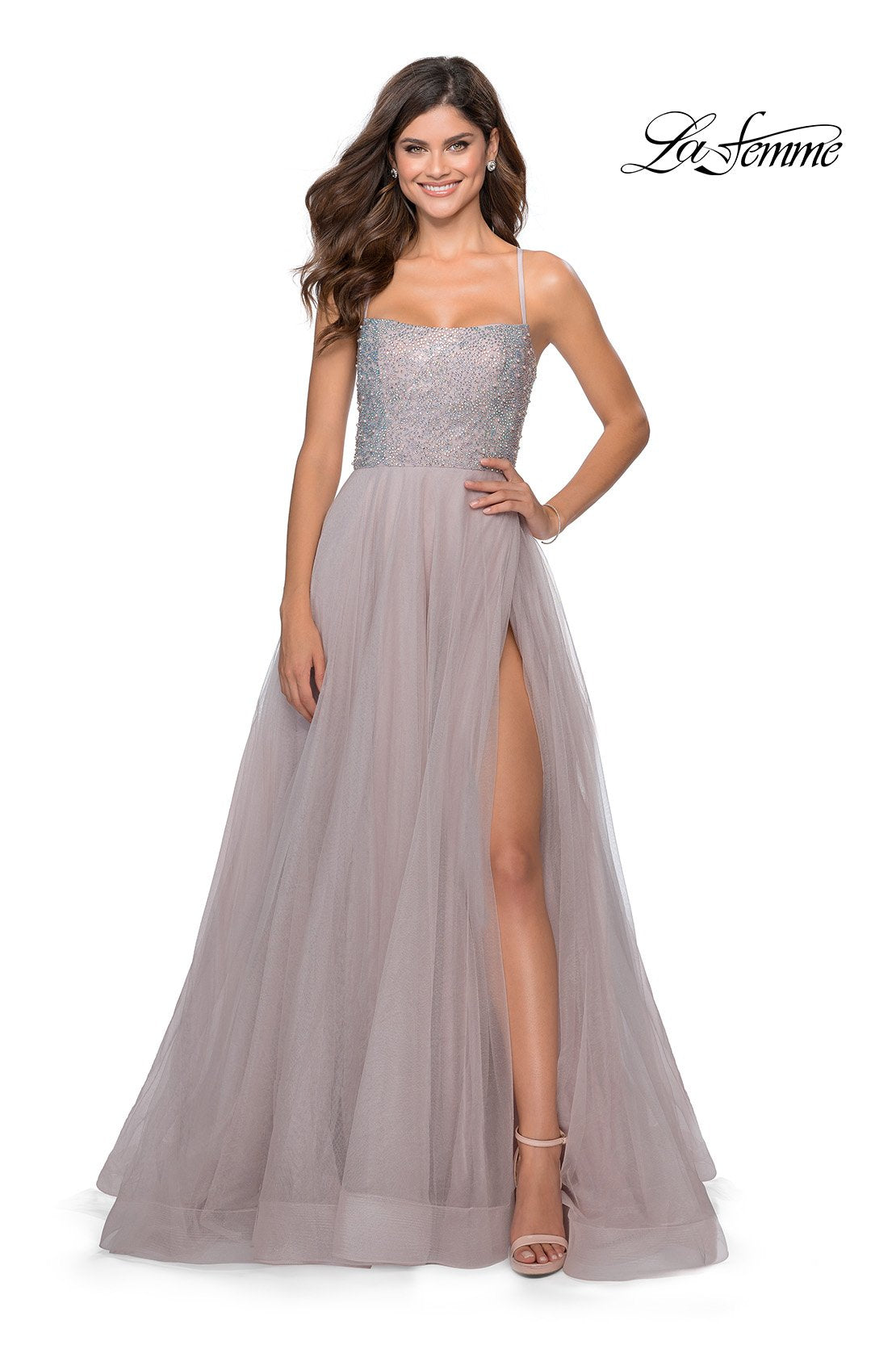 La Femme 28530 prom dress images. La Femme 28530 is available in these colors: Mauve, Nude, Pale Yellow, Silver.