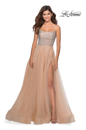 La Femme 28530 prom dress images.  La Femme 28530 is available in these colors: Mauve, Nude, Pale Yellow, Silver.