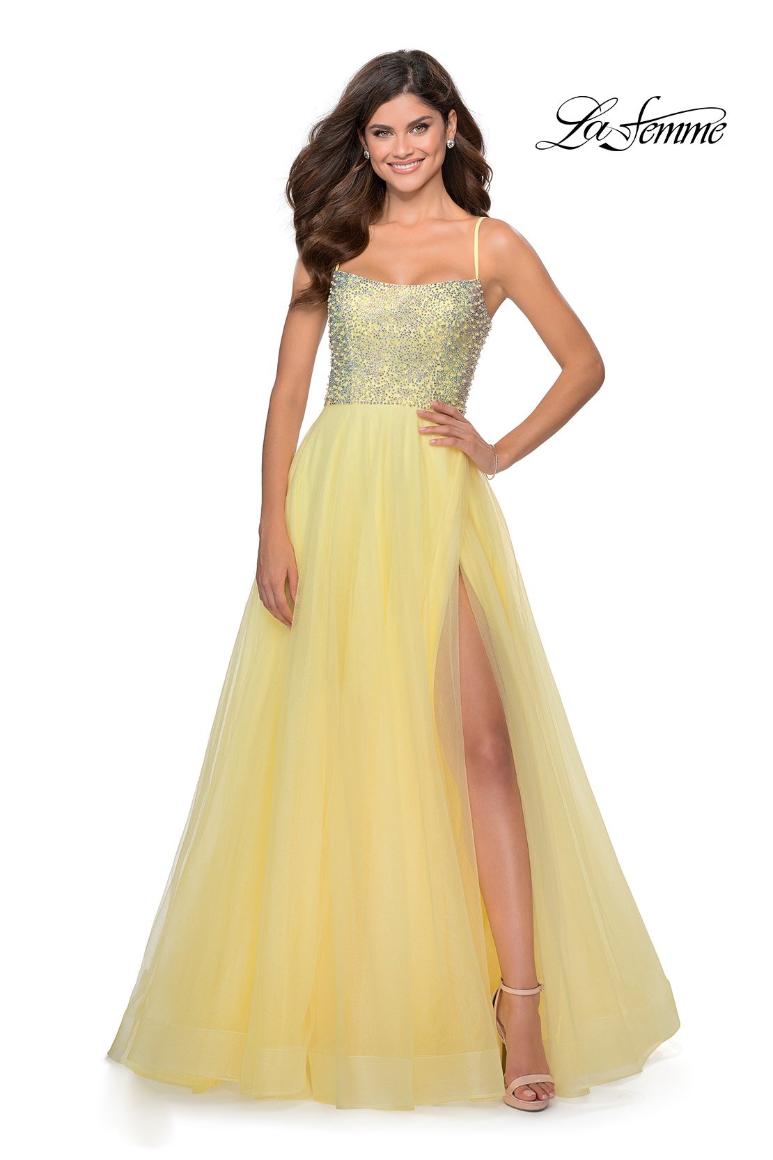 La Femme 28530 prom dress images. La Femme 28530 is available in these colors: Mauve, Nude, Pale Yellow, Silver.