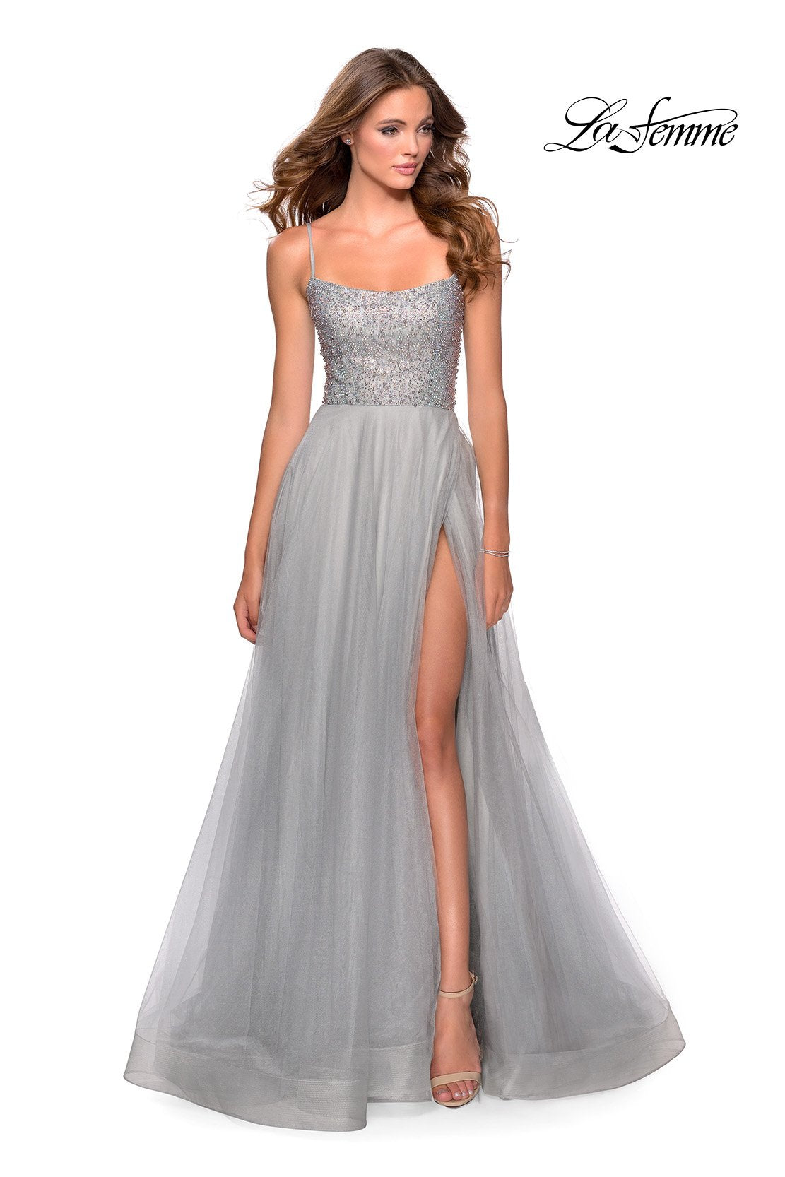 La Femme 28530 prom dress images. La Femme 28530 is available in these colors: Mauve, Nude, Pale Yellow, Silver.