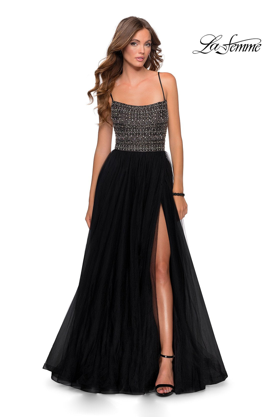 open lace back dress Black sweetheart neck tulle sequin beads long prom dress – shdress main image 0