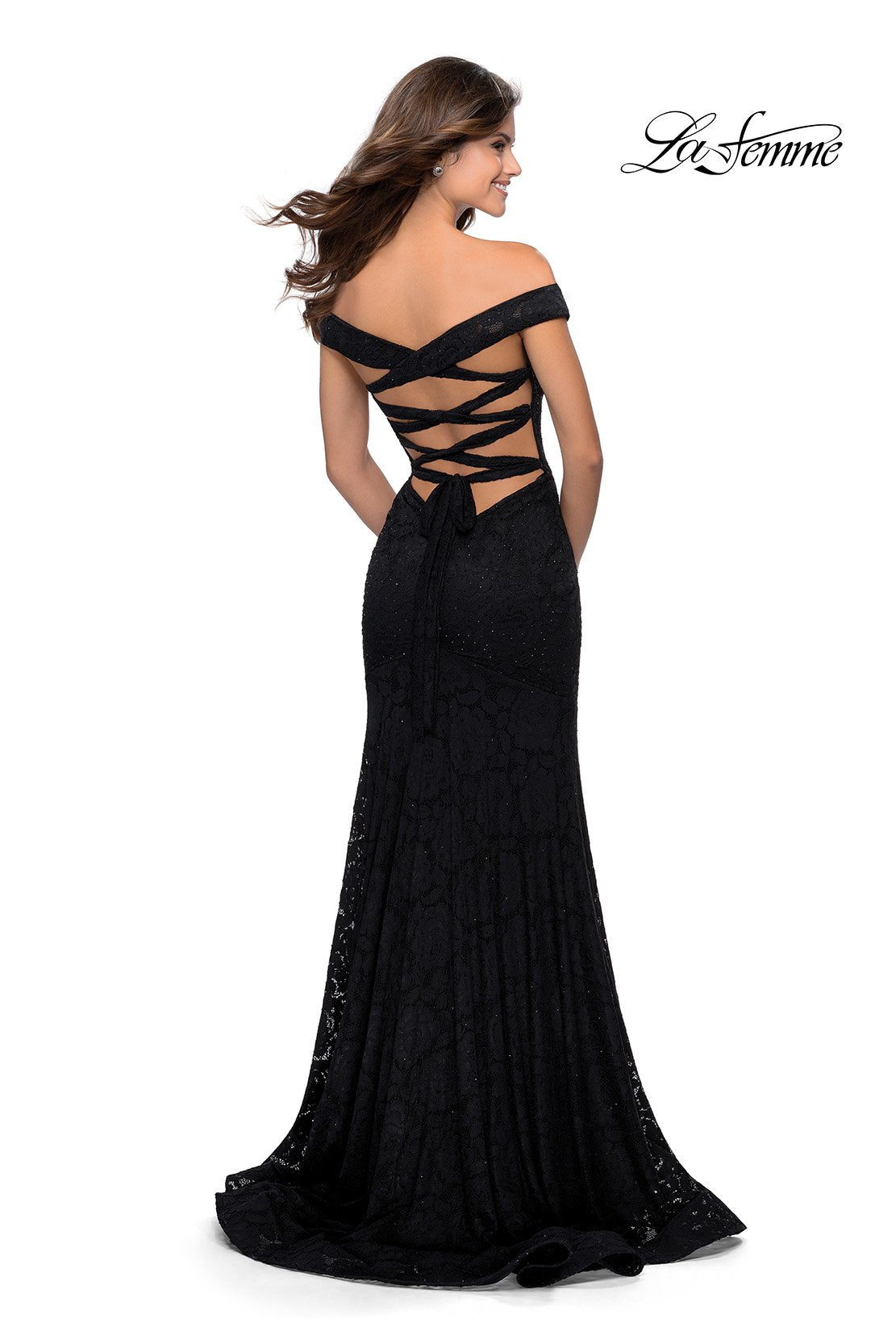 La Femme 28545 prom dress images. La Femme 28545 is available in these colors: Black, Emerald, Red, Royal Blue, White.