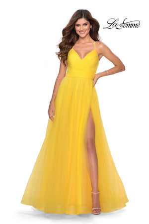 La Femme 28561 prom dress images.  La Femme 28561 is available in these colors: Neon Pink, Royal Blue, Yellow.