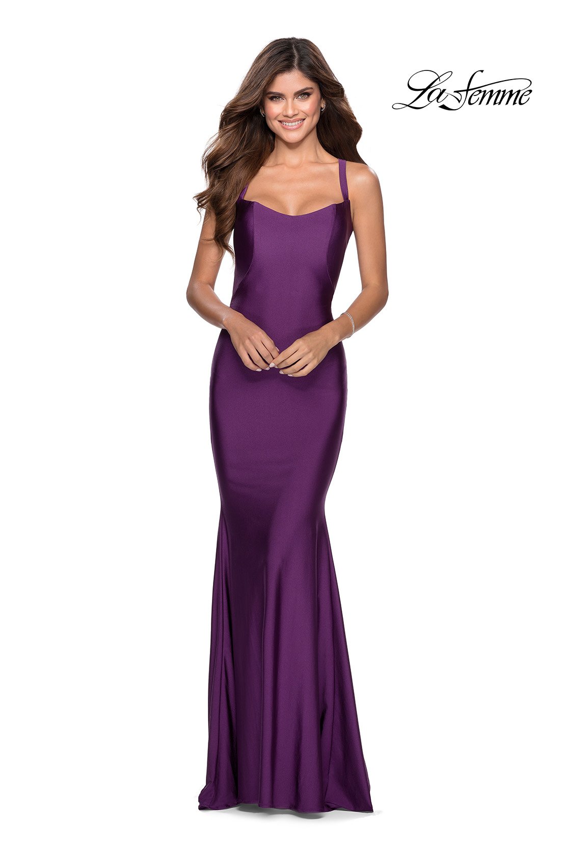 La Femme 28568 prom dress images. La Femme 28568 is available in these colors: Black, Burgundy, Emerald, Royal Blue, Royal Purple.