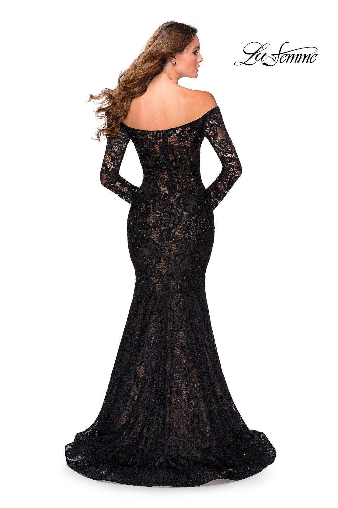 La Femme 28569 prom dress images.  La Femme 28569 is available in these colors: Black, Red, Royal Blue, White Nude.