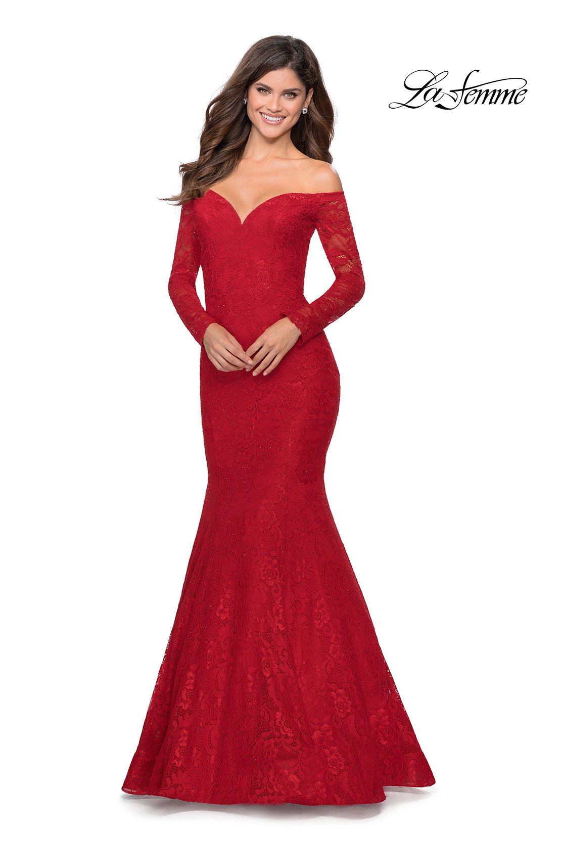 La Femme 28569 prom dress images. La Femme 28569 is available in these colors: Black, Red, Royal Blue, White Nude.