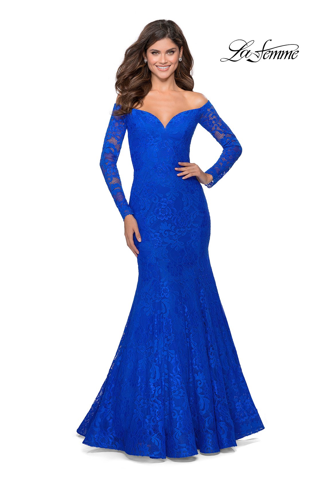 La Femme 28569 prom dress images. La Femme 28569 is available in these colors: Black, Red, Royal Blue, White Nude.