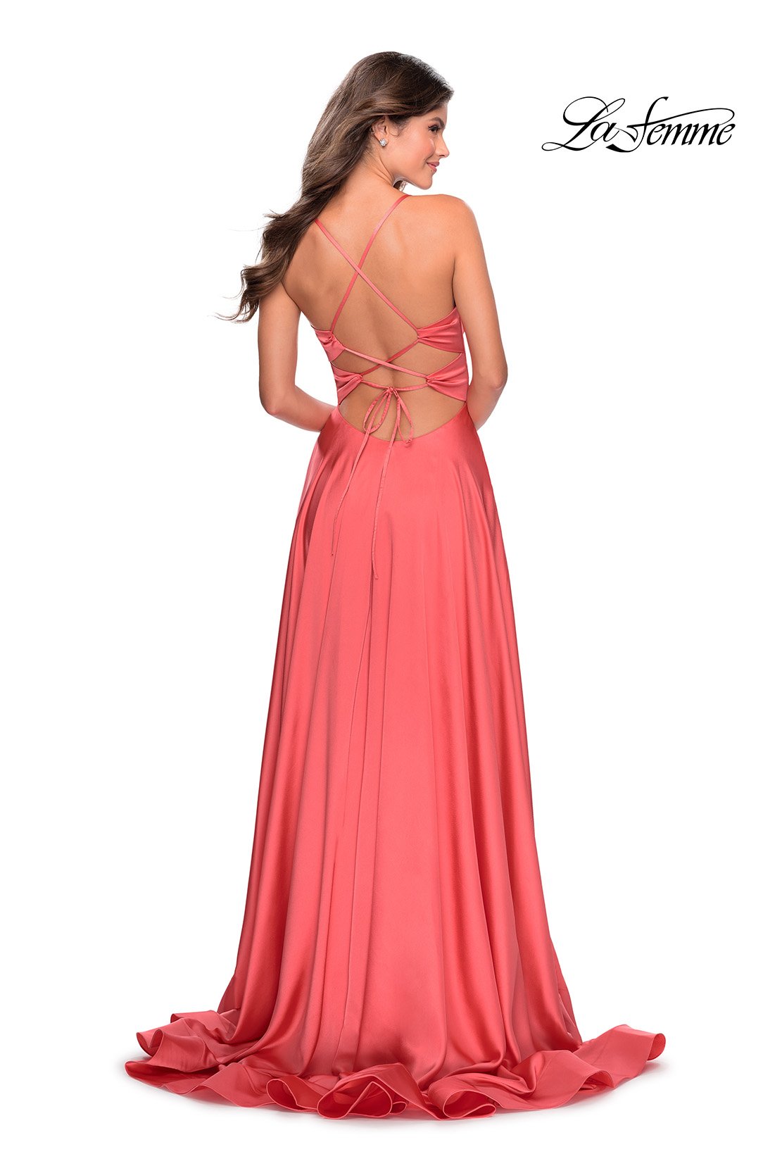 La Femme 28571 prom dress images. La Femme 28571 is available in these colors: Coral, Royal Blue, Teal, Wine, Yellow.