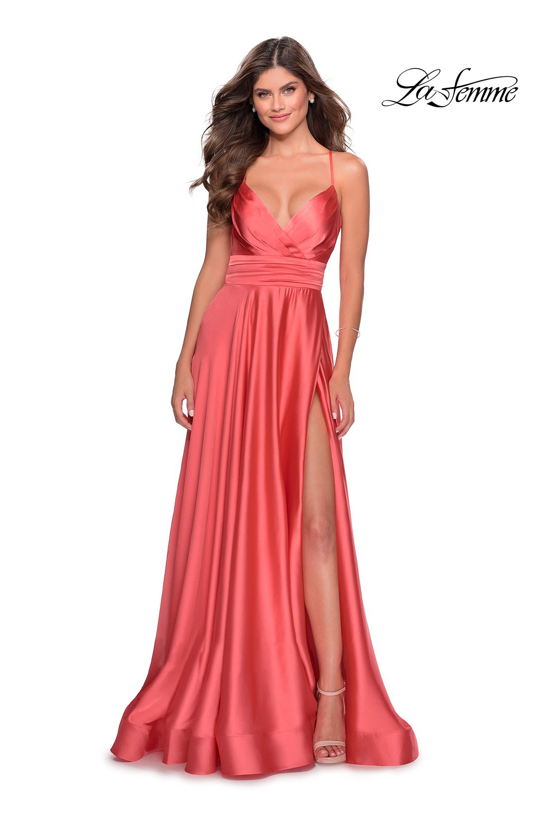 La Femme 28571 prom dress images. La Femme 28571 is available in these colors: Coral, Royal Blue, Teal, Wine, Yellow.