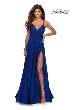 La Femme 28575 prom dress images.  La Femme 28575 is available in these colors: Emerald, Marine Blue, Wine.