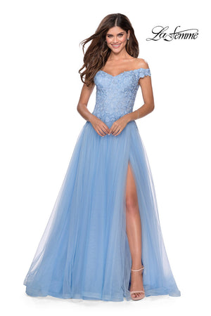 La Femme 28598 prom dress images.  La Femme 28598 is available in these colors: Cloud Blue, Mauve, Pale Yellow, White.