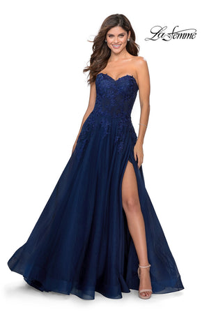 La Femme 28599 prom dress images.  La Femme 28599 is available in these colors: Lilac Mist, Navy, Nude, Wine.