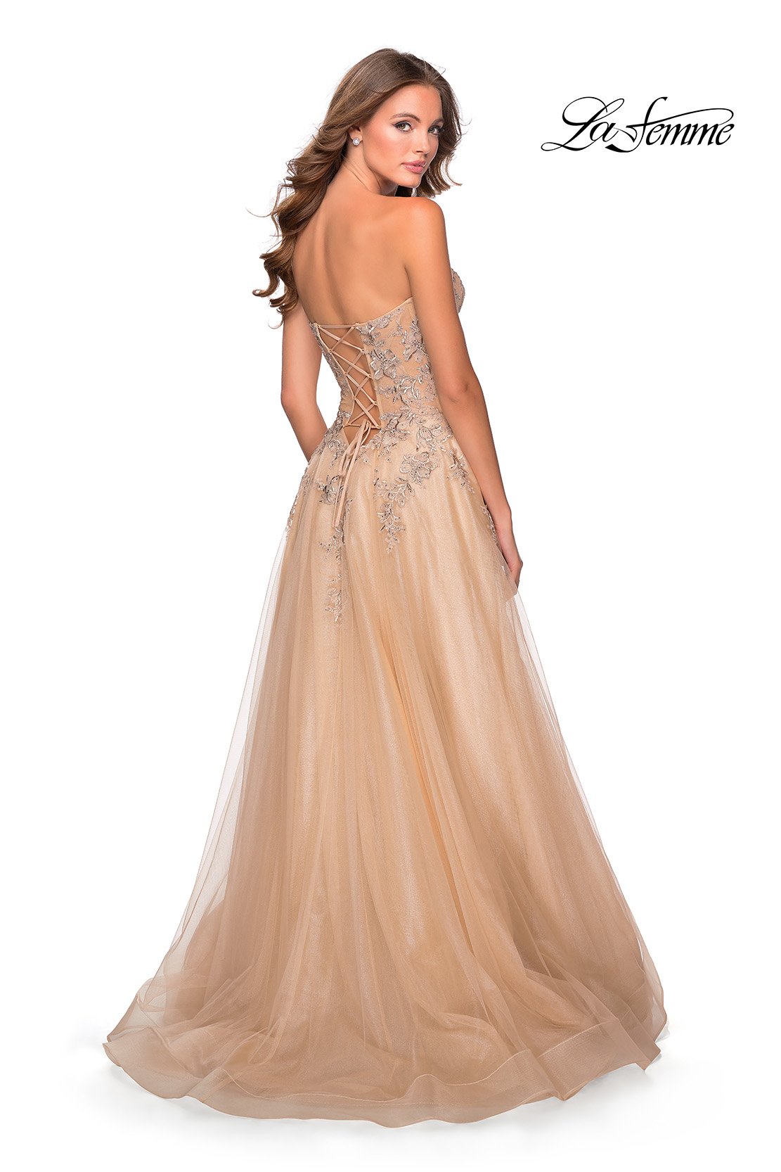 La Femme 28599 prom dress images. La Femme 28599 is available in these colors: Lilac Mist, Navy, Nude, Wine.