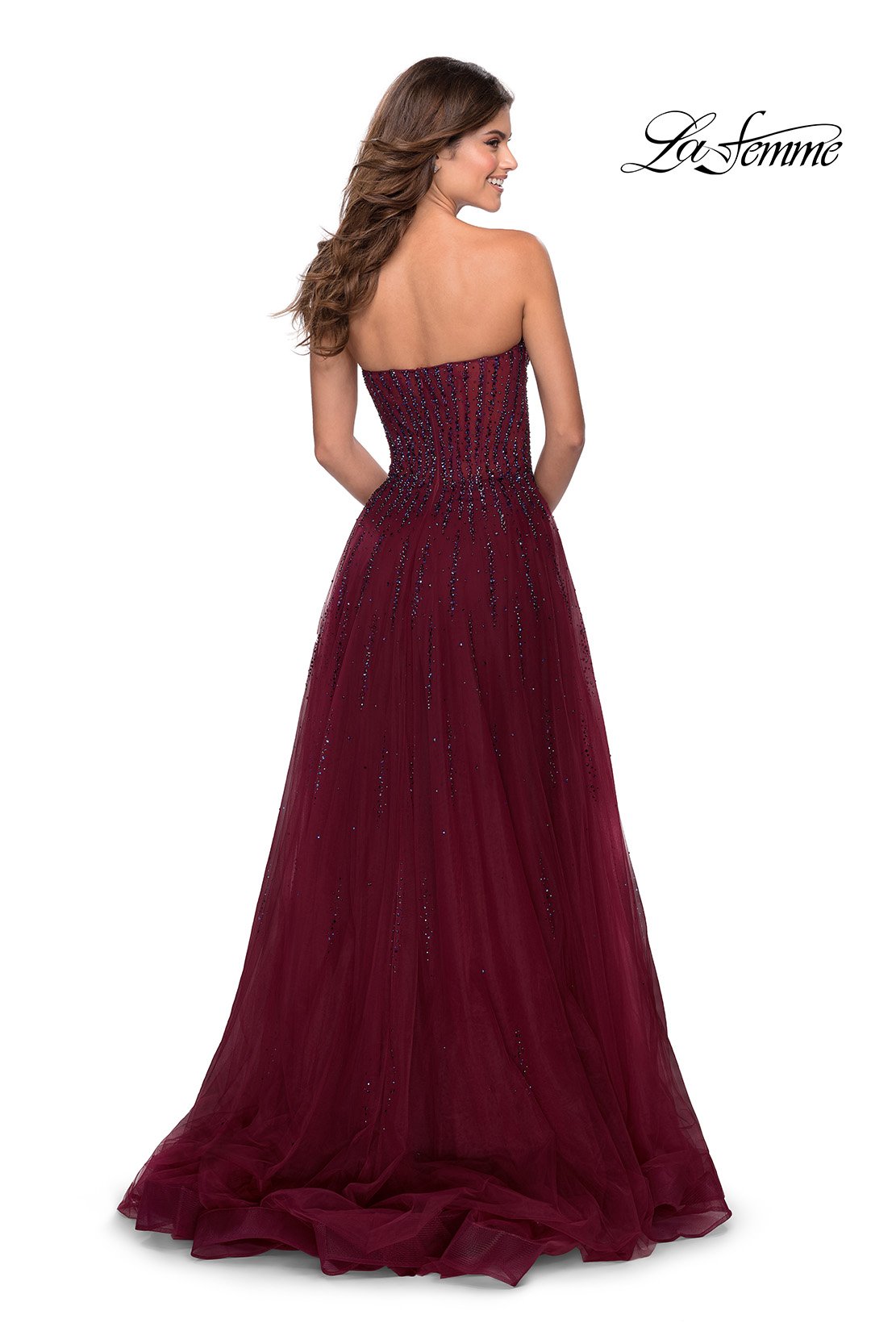La Femme 28603 prom dress images. La Femme 28603 is available in these colors: Dark Berry, Dusty Lilac, Royal Blue.